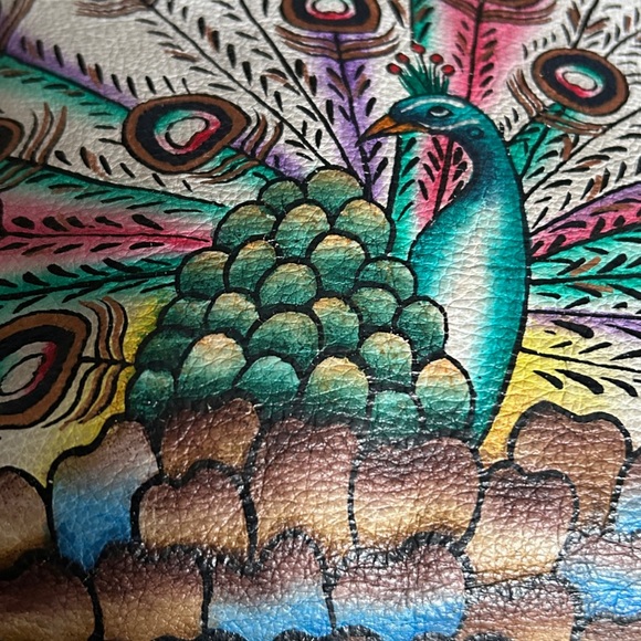 Magnifique Hand Painted Peacock Leather Crossbody Bag with Side Braid Accent - Picture 8 of 13